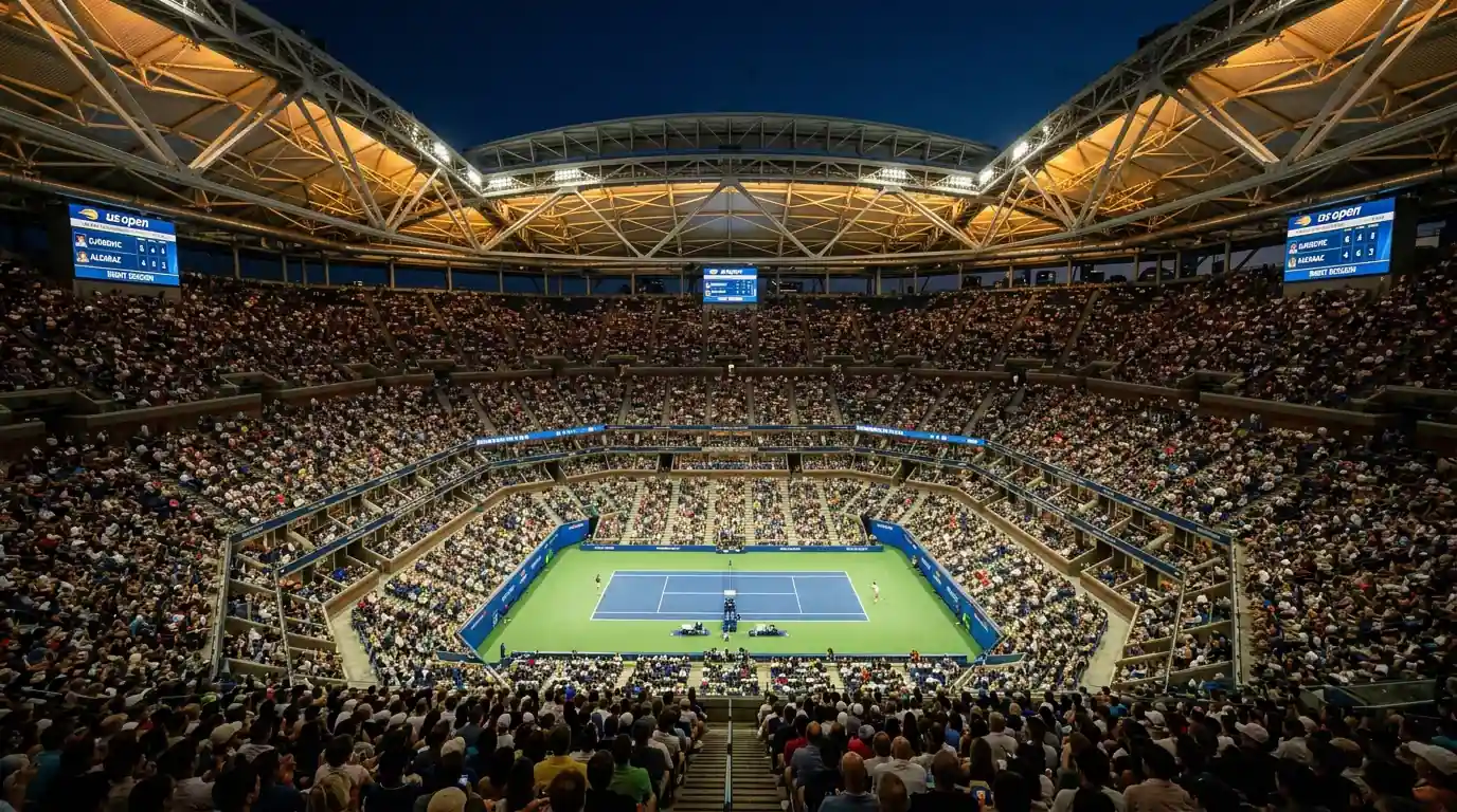 Arthur Ashe Stadium bei den US Open: volle Ränge und Tennisatmosphäre